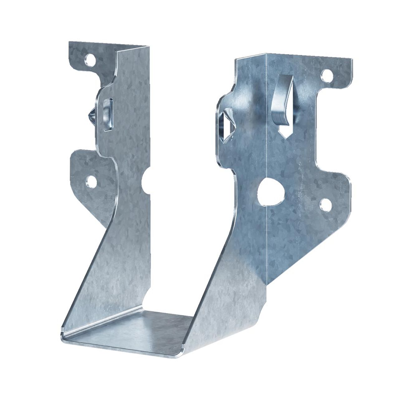 The ZMAX Face-Mount Joist Hanger for 2x4 by Go Build, designed with a C-shaped structure and multiple mounting holes, is crafted from galvanized steel with a shiny, silver finish. Its ideal for 2x4 connections and is displayed against a plain white background.
